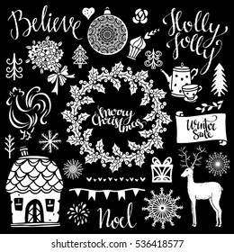 Christmas and New year hand drawn set, scrapbooking design elements, icons isolated on black background. Hand written font. Vector design