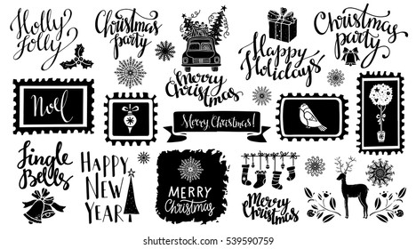 Christmas and New year hand drawn, scrapbooking design elements, icons set isolated on white background. Hand written font, lettering. Vector design