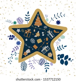 Christmas and New Year handdrawn greeting card, flyer and poster template. Winter flat style illustration. Vector design template. 
