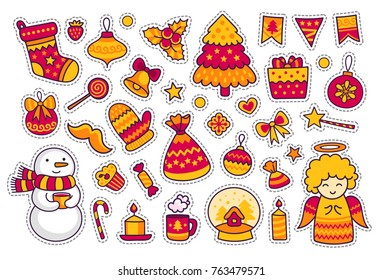 Christmas and New Year. Hand-drawn vector set. Holiday stickers, patches, badges, pins, prints. Vector isolated illustrations.