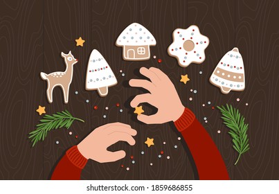 Christmas and New Year. Hands decorate with a star cookies, gingerbread with icing. Cute flat vector illustration, top view