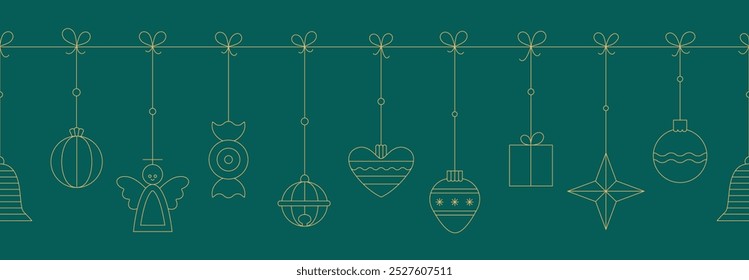 Natal, Ano Novo pendurado guirlandas banner sem costura. Simples linha dourado bauble, bola, sino, ícone de feriado anjo.