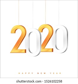 Christmas and New Year with hanging gold and silver 2020 numbers. Winter holiday invitations with Vector illustration. 