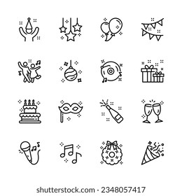 christmas, new year , happy celebration, party thin line icons set, such as music, gift, firework, confetti, food and wine. isolated vector illustration