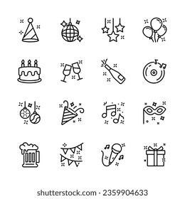 christmas, new year , happy celebration, party thin line icons set, such as music, gift, firework, confetti, food and wine. isolated vector illustration