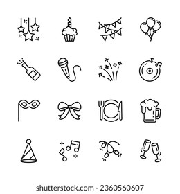 christmas, new year , happy celebration, party thin line icons set, such as music, gift, firework, confetti, food and wine. isolated vector illustration