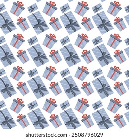 Christmas and New Year Happy Holiday pattern with gift boxes, bows, ribbons. Xmas background for wrapping paper, textile, fabric design. Birthday or anniversary seamless pattern.