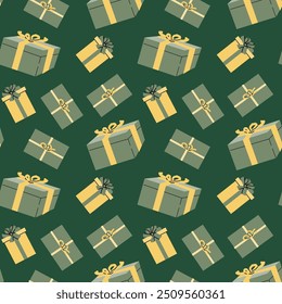 Christmas and New Year Happy Holiday pattern with gift boxes, bows, ribbons. Xmas background for wrapping paper, textile, fabric design. Birthday or anniversary seamless pattern.