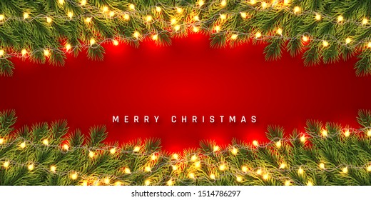 Christmas or New Year header background. Christmas fir-tree branches with confetti and light garland. Holiday's background. Vector illustration.