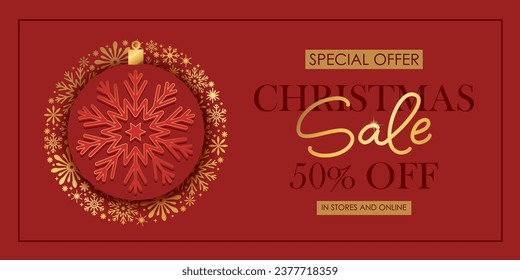 Christmas and New Year hoiday sale shop banner. Golden shiny snowflakes. Chic elegant, festive card, cover, voucher design. 