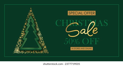 Christmas and New Year hoiday sale shop banner. Golden shiny snowflakes. Chic elegant, festive card, cover, voucher design. Christmas tree.