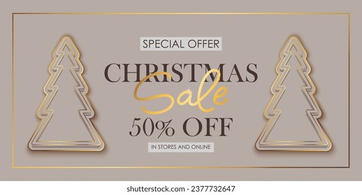 Christmas and New Year hoiday sale shop banner. Golden shiny lines. Chic elegant, festive card, cover, voucher design. Christmas tree.