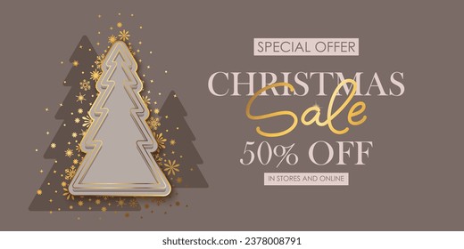 Christmas and New Year hoiday sale shop banner. Golden shiny snowflakes. Chic elegant, festive card, cover. Luxury voucher design. 