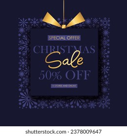 Christmas and New Year hoiday sale shop banner. Indigo, dark blue snowflakes. Chic elegant, festive card, cover, voucher design.