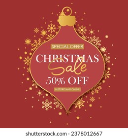 Christmas and New Year hoiday sale shop banner. Red retro bauble. Golden shiny snowflakes. Chic elegant, festive card, cover, voucher design.