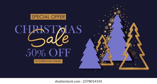 Christmas and New Year hoiday sale shop banner. Golden shiny snowflakes. Chic elegant, festive card, cover, voucher design.