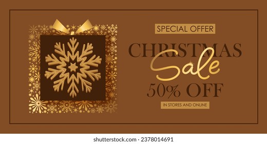 Christmas and New Year hoiday sale shop banner. Golden shiny snowflakes, gift box. Chic elegant, festive card, cover, voucher design.