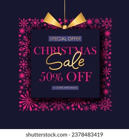 Christmas and New Year hoiday sale shop banner. Golden shiny snowflakes, gift box with bow. Chic elegant, festive card, cover, voucher design.