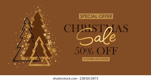 Christmas and New Year hoiday sale shop banner. Golden shiny snowflakes, trees. Chic elegant, festive card, cover, voucher design.