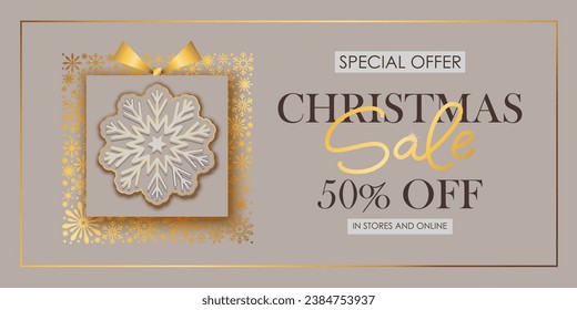 Christmas and New Year hoiday sale shop banner. Golden shiny snowflakes, gift box. Chic elegant, festive card, cover, voucher design.