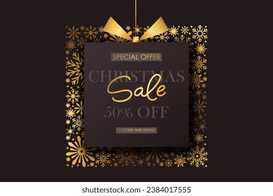 Christmas and New Year hoiday shop banner. Golden shiny snowflakes. Chic elegant, festive card, cover, voucher design.