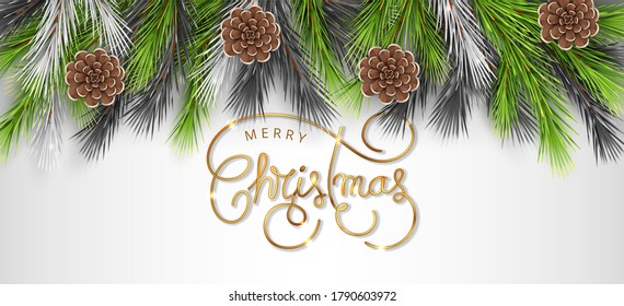 Christmas and New Year holiday background with green, black and silver fir branches and Merry Christmas calligraphy lettering