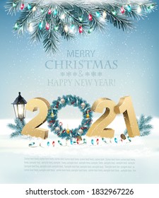 Christmas and New Year Holiday Background with 2021 and wreath. Vector illustration.
