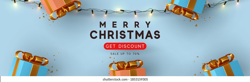 Navidad y Año Nuevo. Fondo con caja de regalo realista. tarjeta de saludo, banner, afiche horizontal, encabezado del sitio web. Objeto decorativo navideño. Obtén descuento, Venta hasta el 70%. ilustración vectorial.