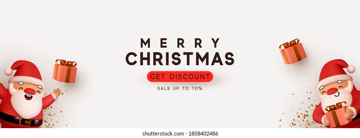 Christmas and New Year holiday. Background with realistic gift box, two red merry santa claus. greeting card, banner, horizontal poster, website header. Xmas decorative. Get discount, Sale up to 70%.