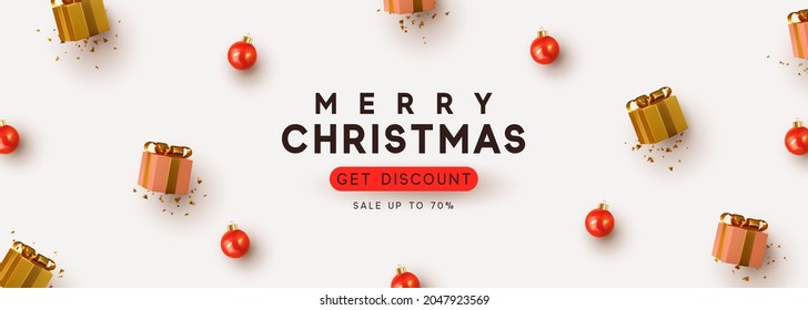 Christmas and New Year holiday. Background with realistic gift box, red bauble decor balls. Greeting card, banner, horizontal poster, website for header. Xmas decorative. Get discount, Sale up to 70%.