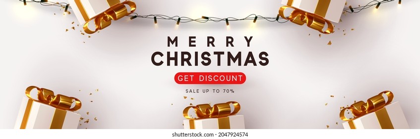 Christmas and New Year holiday. Background with realistic gift box. greeting card, banner, horizontal poster, website header. Xmas decorative object. Get discount, Sale up to 70%. vector illustration.