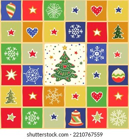 Christmas and New Year Holiday Background, can be use as seamless. Chrstmas tree decorations pattern for greeting card, fabric, wallpaper, digital paper, gift wrap, etc.