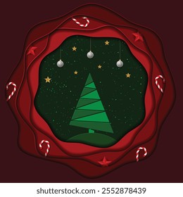 Christmas and New Year holiday background paper cut style red and green vector art