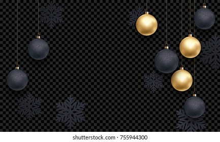 Christmas or New Year holiday background template of golden decoration, gift golden ribbon bow or gold confetti on transparent black. Vector Christmas tree greeting card or premium sale design.