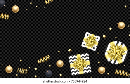 Christmas or New Year holiday background template of golden decoration, gift golden ribbon bow or gold confetti on transparent black. Vector Christmas party greeting card or premium sale design.