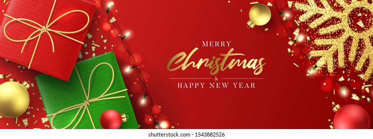 Christmas and New Year holiday banner. Festive background with realistic red and green gift boxes, gold snowflake and sparkling light garlands. Vector illustration with Christmas balls and confetti.