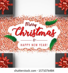 Christmas and New Year holiday banner with gifts, spruce tree branches and red tinsel. Christmas posters, cards, headers website on light background.