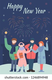 Christmas and New Year Holiday card. A company of people are litting the sparklers and putting their glasses together (cheering).
Some fireworks are in the background. New Year and Christmas mood.