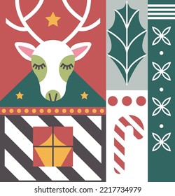 Christmas and new year holiday card, deer animal and glowing stars. Mistletoe berries and leaves. Sugar cane lollipop and present. Window with curtains. Celebration of event. Vector in flat style