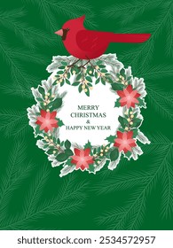 Christmas and New Year Holiday Card. Red Cardinal Bird Card. Trendy Winter Holiday Invitation Template. For Cards, Invitations, Posters