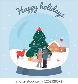 Christmas and New Year Holiday card.Cute Snow globe souvenir. Сouple of people in love drinking traditional drinks near the fur tree, more presents near the tree , funny animals walking near. 