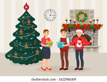 Christmas and New Year holiday celebration with gifts in happy family vector illustration. People woman, man, boy stand in decorated interior of room with Christmas tree, fireplace, wreath, candles.