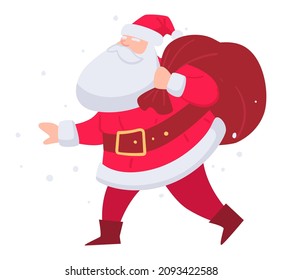 Christmas and new year holiday celebration, isolated Santa Claus carrying sack full of presents for children. Xmas festive mood and preparation for winter fun and traditions. Vector in flat style