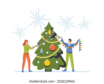 Christmas and New Year Holiday Celebration Concept. Happy People Decorate Tree Together. Man and Woman Hanging Baubles and Garland on Spruce, Corporate Party. Cartoon Vector Illustration