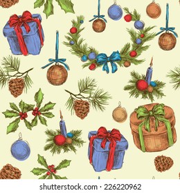 Christmas new year holiday celebration decoration sketch colored decorative seamless pattern vector illustration