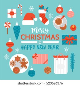 Christmas and New Year holiday celebration with gift boxes and decorations. Flat lay