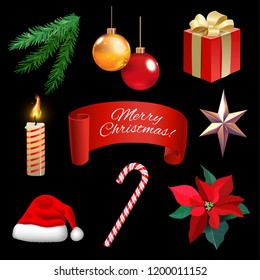 Christmas new year holiday decoration realistic icons set isolated on black background vector illustration