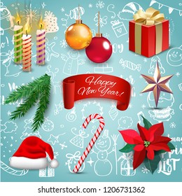 Christmas new year holiday decoration realistic icons set vector illustration. Background with megaset of Christmas doodles