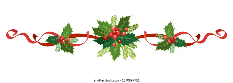 Christmas, New Year holiday decoration set. Vector illustration garland of holly with red berries, ribbons, poinsettia, fir-tree branches. Frame, border for Christmas cards, banners.