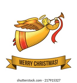 Christmas new year holiday decoration angel icon with ribbon vector illustration